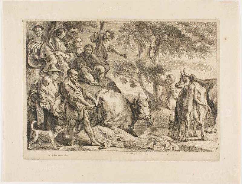 The Master Pulls the Cow Out of the Ditch by its Tail, 1652, Jacob Jordaens, Flemish, 1593-1678, Flanders, Etching on cream laid paper, 225 × 314 mm (plate), 207 × 303 mm (sheet)