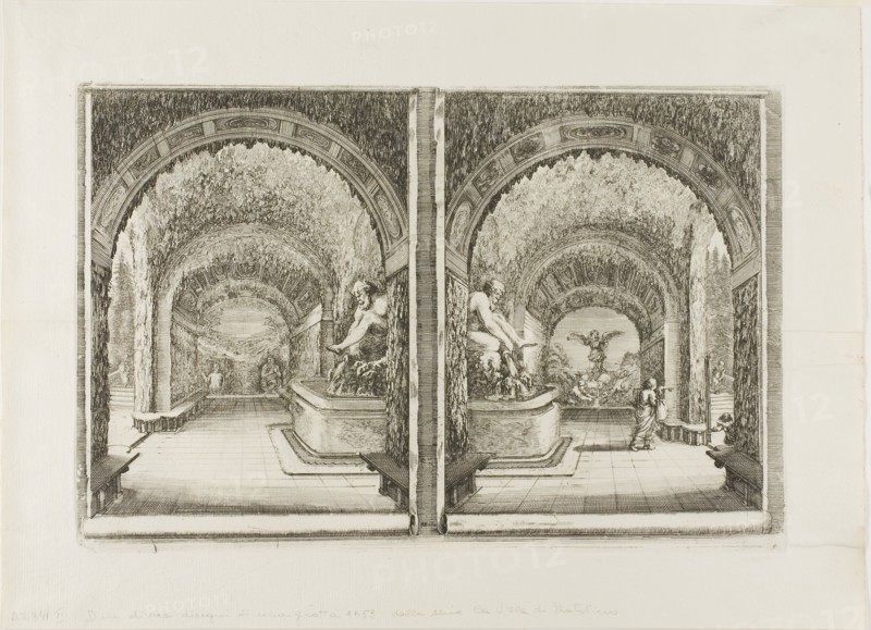 The Grotto of Pan and Fame, 1653/55, Stefano della Bella, Italian, 1610-1664, Italy, Etching on ivory laid paper, 245 x 370 mm (image/plate), 329 x 450 mm (sheet)
