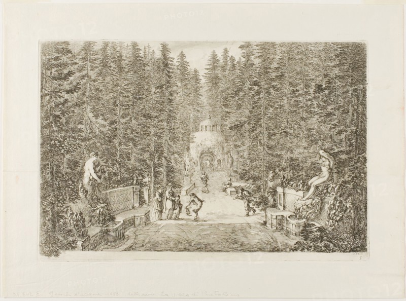 Les jets d’eau sortant de terre, from Vues de la villa de Pratolino, 1653/55, Stefano della Bella, Italian, 1610-1664, Italy, Etching on paper, 325 x 450 mm