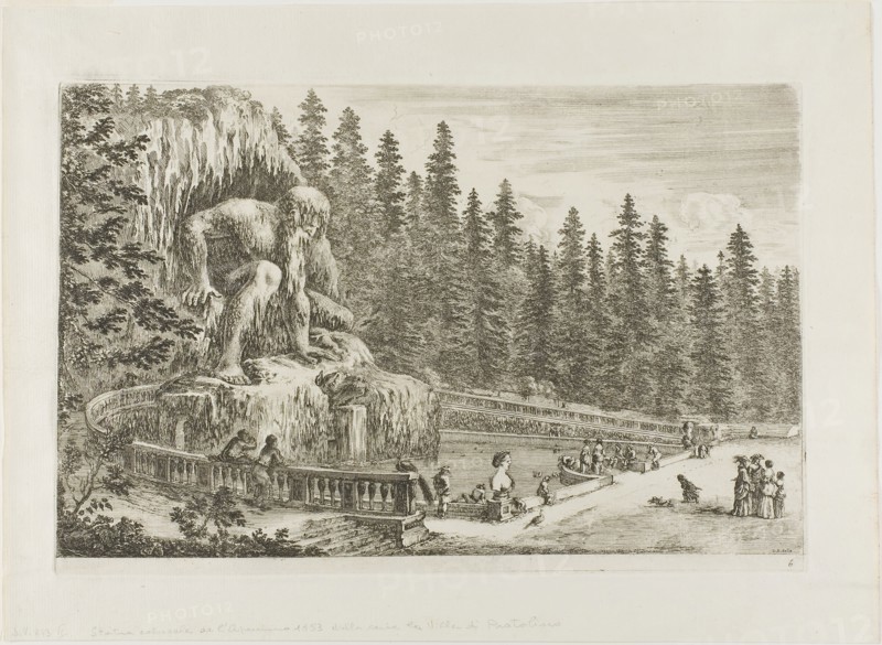 The Colossal Statue of the Apennines, from Views of Villa di Pratolino, c. 1653, Stefano della Bella, Italian, 1610-1664, Italy, Etching in black on ivory laid paper, 244 x 384 mm (image), 255 x 387 mm (plate), 329 x 450 mm (sheet)