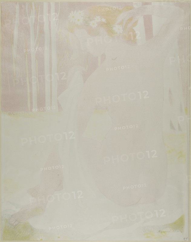 Nymph Crowned with Daisies, 1899, Maurice Denis, French, 1870-1943, France, Lithograph in pink, yellow, and blue on off-white wove paper, laid down on cream wove paper, 560 × 445 mm