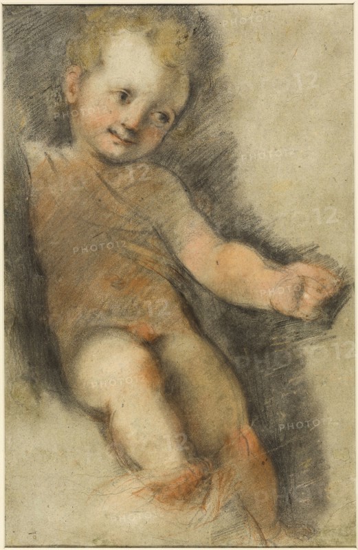 Christ Child: Study for the Madonna di San Giovanni, c. 1565, Federico Barocci, Italian, c. 1535-1612, Italy, Black and red chalk, with pastel and stumping, on greenish-blue laid paper, 401 x 263 mm