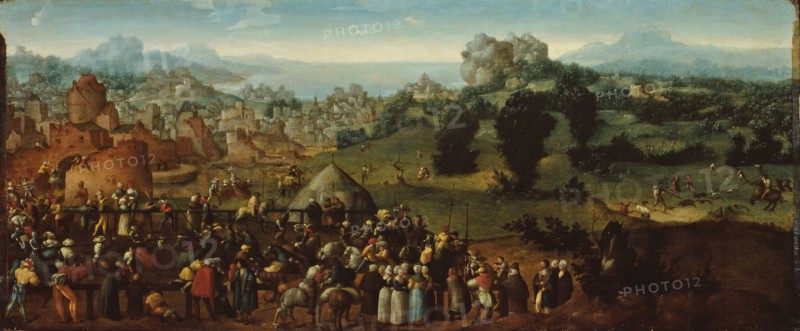 Landscape with Tournament and Hunters, 1519/20, Jan van Scorel, Netherlandish, 1495-1562, Netherlands, Oil on panel, 57.8 × 138.5 cm (22 3/4 × 54 9/16 in.)