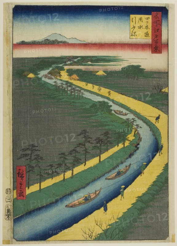 Towboats along the Yotsugidori Canal (Yotsugidori yosui hikifune), from the series One Hundred Famous Views of Edo (Meisho Edo hyakkei), 1857, Utagawa Hiroshige ?? ??, Japanese, 1797–1858, Japan, Color woodblock print, oban, 34.0 x 22.5 cm (13 3/8 x 8 7/8 in.)
