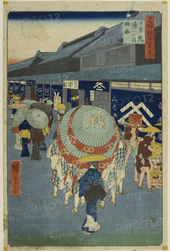 View of Nihonbashi Tori-itchome (Nihonbashi Tori-itchome ryakuzu), from the series  One Hundred Famous Views of Edo (Meisho Edo hyakkei), 1858, Utagawa Hiroshige ?? ??, Japanese, 1797–1858, Japan, Color woodblock print, oban
