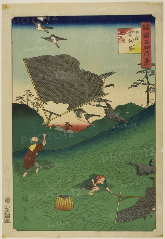 Netting Wild Geese on the Hill at Okoshi, Iyo Province (Iyo Okoshi kamo saka ami) from the series One Hundred Famous Views in the Various Provinces (Shokoku meisho hyakkei), 1861, Utagawa Hiroshige II (Shigenobu), Japanese, 1826–1869, Japan, Color woodblock print