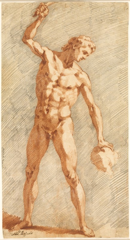 Standing Academy, c. 1587, Andrea Boscoli, Italian, c. 1560-1608, Italy, Red and black chalk, on buff laid paper, laid down on cream laid paper, tipped onto cream board, 417 x 226 mm