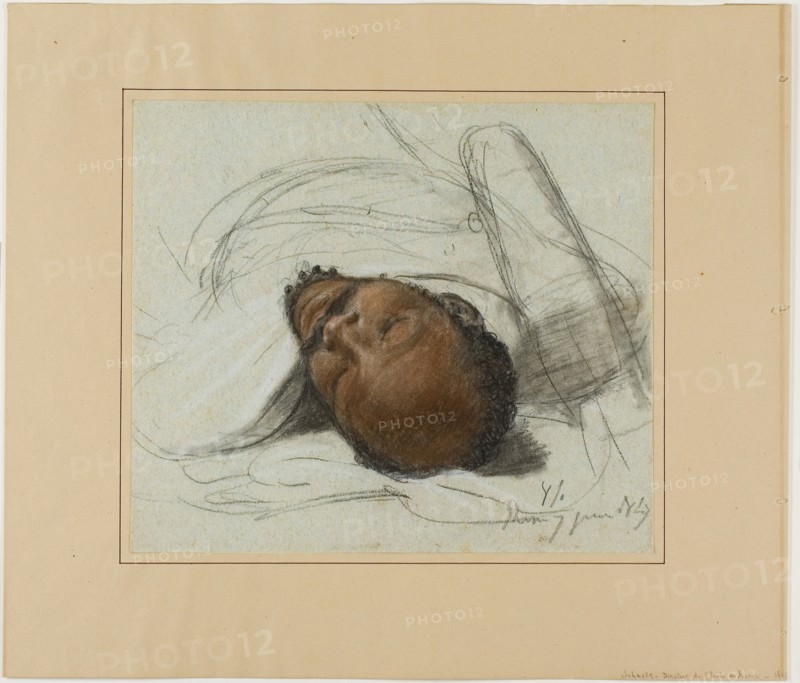 Head of a Fallen Soldier, 1847, Jean-Victor Schnetz, French, 1787-1870, France, Black chalk and pastel and stumping, with touches of white chalk and red Conté crayon on light blue wove paper, laid down on cream wove paper, edge mounted to tan wove paper, 217 × 257 mm