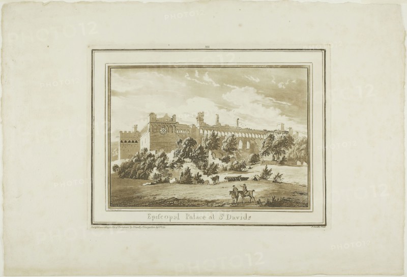 Episcopal Palace at St. Davids, from Twelve Views in Aquatinta from Drawings taken on the Spot in South Wales, 1773–75, Paul Sandby, English, 1731-1809, England, Etching and aquatint on ivory laid paper, 180 × 255 mm (image), 239 × 315 mm (plate), 357 × 525 mm (sheet)