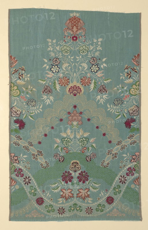 Panel, c. 1725, England, Silk, warp-faced, weft-ribbed plain weave with weft-float faced twill interlacings of secondary binding warps and supplementary brocading wefts à la disposition, 86.4 × 54.4 cm (34 × 21 3/8 in.)