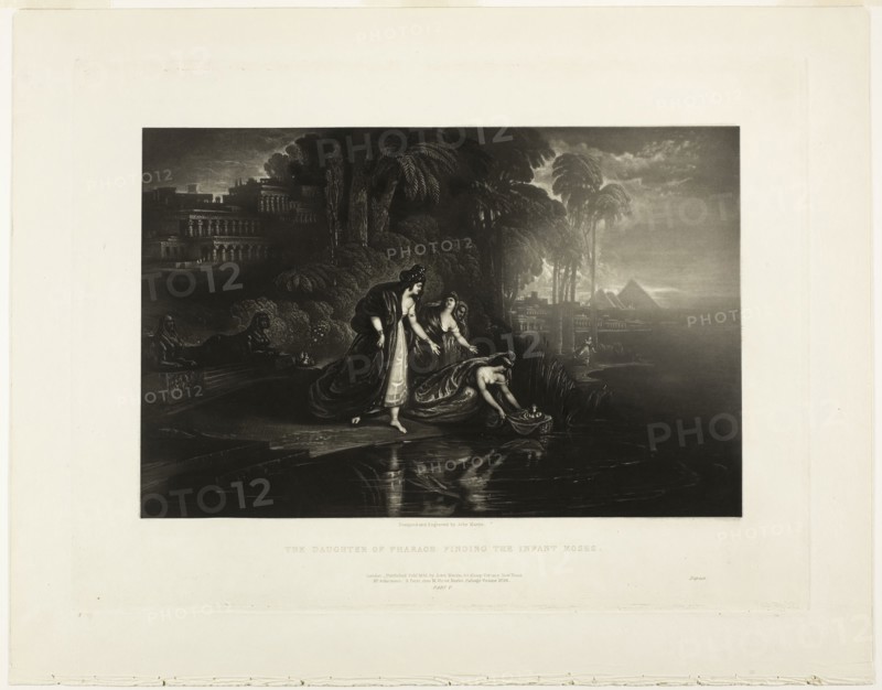 The Daughter of Pharoah Finding the Infant Moses, from Illustrations of the Bible, 1833, John Martin, English, 1789-1854, England, Mezzotint in black on ivory wove paper, 190 × 290 mm (image), 268 × 357 mm (plate), 329 × 416 mm (sheet)