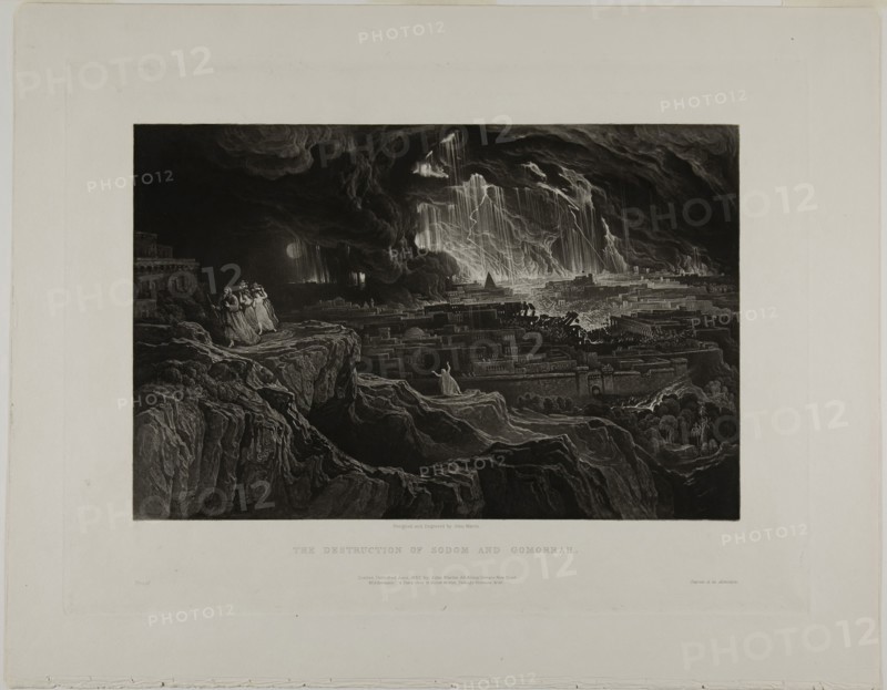 The Destruction of Sodom and Gomorrah, from Illustrations of the Bible, 1832, John Martin, English, 1789-1854, England, Mezzotint with etching in black on ivory wove paper, 190 × 290 mm (image), 268 × 357 mm (plate), 329 × 416 mm (sheet)