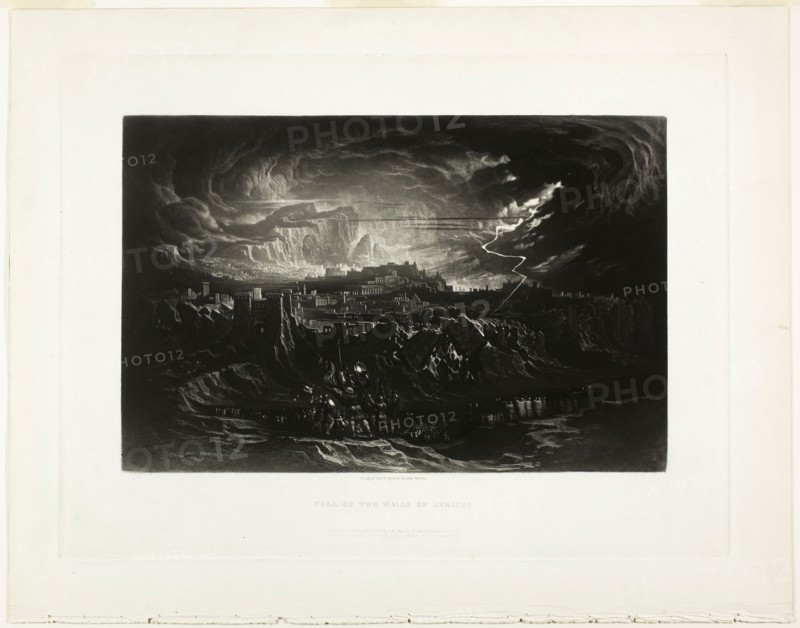 Fall of the Walls of Jericho, from Illustrations of the Bible, 1834, John Martin, English, 1789-1854, England, Mezzotint in black on ivory wove paper, 190 × 290 mm (image), 268 × 357 mm (plate), 329 × 416 mm (sheet)