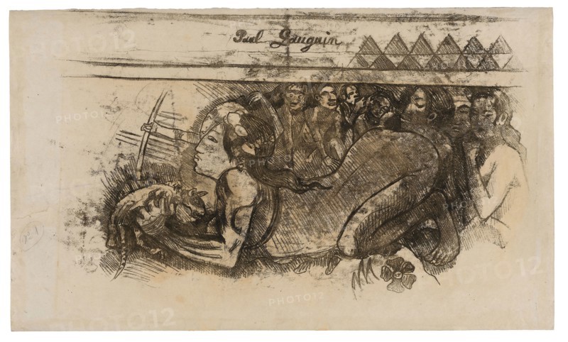 Woman with a Cat, c. 1900, Paul Gauguin, French, 1848-1903, France, Transfer drawing in brownish-black ink (recto), graphite and blue crayon pencil with brush and solvent washes in ocher on cream wove paper, 465 × 615 mm