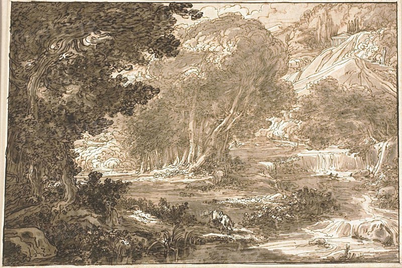 Angelica Resting Under a Tree, from Orlando Furioso, 1810/13, Felice Giani, Italian, 1758-1823, Italy, Pen and brown ink, and brush and brown and gray wash, over graphite, on ivory wove paper, 347 x 515 mm