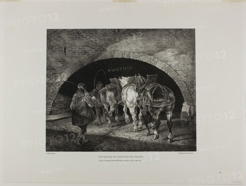 Entrance to the Adelphi Wharf, plate 11 from Various Subjects Drawn from Life on Stone, 1821, Jean Louis André Théodore Géricault (French, 1791-1824), printed by Charles Joseph Hullmandel (German and English, 1789-1850), published by Rodwell and Martin, France, Lithograph in black on ivory wove paper, 254 × 310 mm (image), 376 × 496 mm (sheet)