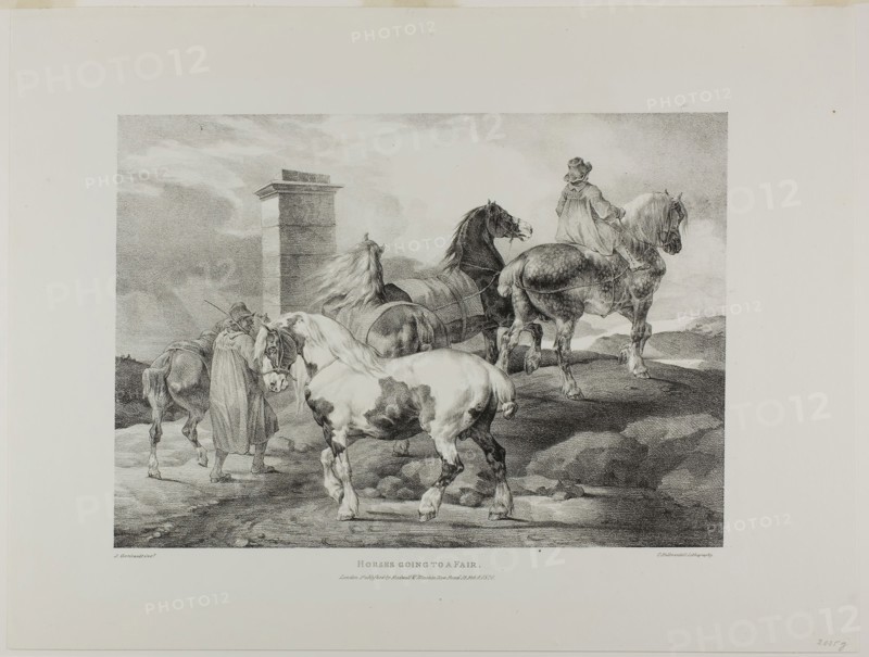Horses Going to a Fair, plate 3 from Various Subjects Drawn from Life on Stone, 1821, Jean Louis André Théodore Géricault (French, 1791-1824), printed by Charles Joseph Hullmandel (German and English, 1789-1850), published by Rodwell and Martin, France, Lithograph in black on ivory wove paper, 254 × 357 mm (image), 378 × 496 mm (sheet)