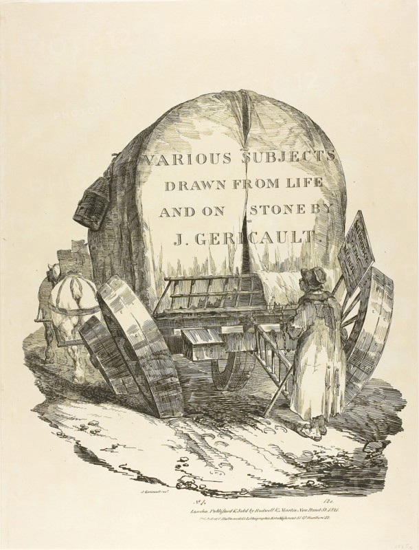 A Horse-Drawn Wagon, Title Page for the English Series, 1821, Jean Louis André Théodore Géricault (French, 1791-1824), printed by Charles Joseph Hullmandel (German and English, 1789-1850), published by Rodwell and Martin, France, Bi-fold portfolio cover with pen-lithographed title page in black on buff wove paper, 376 × 476 mm
