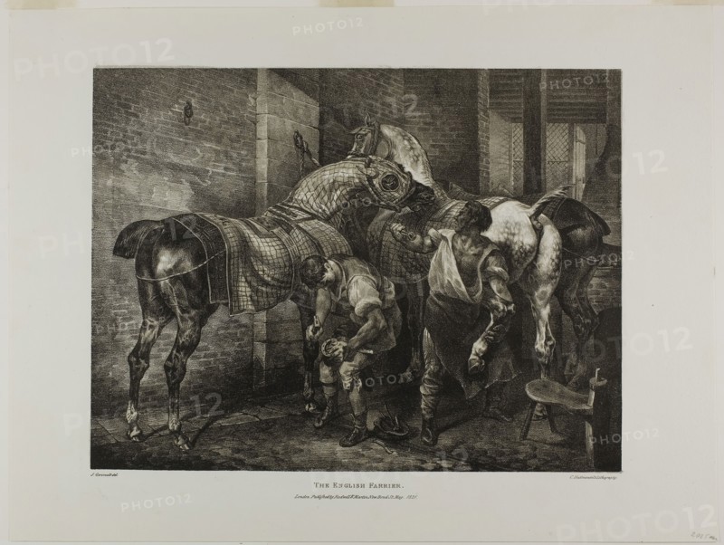 The English Farrier, plate 10 from Various Subjects Drawn from Life on Stone, 1821, Jean Louis André Théodore Géricault (French, 1791-1824), printed by Charles Joseph Hullmandel (German and English, 1789-1850), published by Rodwell and Martin, France, Lithograph in black with gray-green tint stone on ivory wove paper, 284 × 372 mm (image), 376 × 495 mm (sheet)