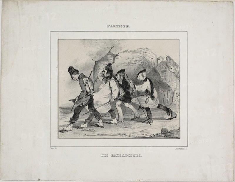 The Landscape Painters, 1833, Pierre François Eugène Giraud, French, 1806-1891, France, Lithograph on cream China paper, laid down on ivory wove paper (chine collé), 162 × 191 mm (image), 139 × 171 mm (primary support), 251 × 324 mm (secondary support)