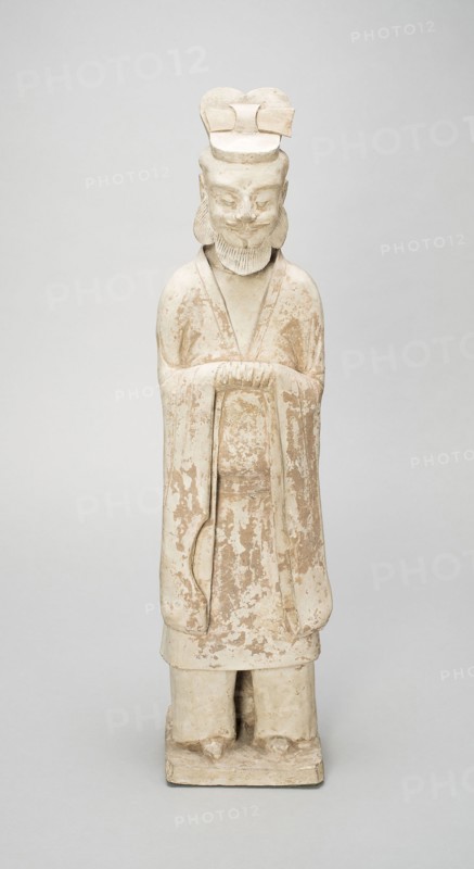 Standing Bearded Official, Tang dynasty (618–907) or later, China, Earthenware with traces of polychrome pigment, 60.0 × 15.5 × 13.0 cm (23 5/8 × 6 1/8 × 5 1/8 in.)