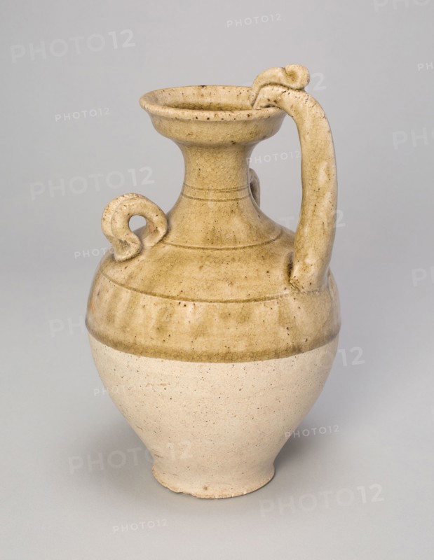 Vase with Dragon-Shaped Handle and Two Loop Handles, Sui dynasty (581–618), China, Stoneware with olive-green glaze, H. 18.7 cm (7 3/8 in.), diam. 11.1 cm (4 3/8 in.)