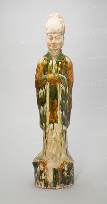 Standing Official, Style of Tang dynasty (619–907), China, Earthenware with three color (sancai) lead glazes, 78.1 × 19.4 × 16.5 cm (30 3/4 × 7 5/8 × 6 1/2 in.)