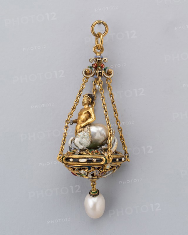 Pendant with an Armed Centaur, 19th century, European, Europe, Gold, pearl, and enamel, 9.2 × 3.2 cm (3 5/8 × 1 1/4 in.)