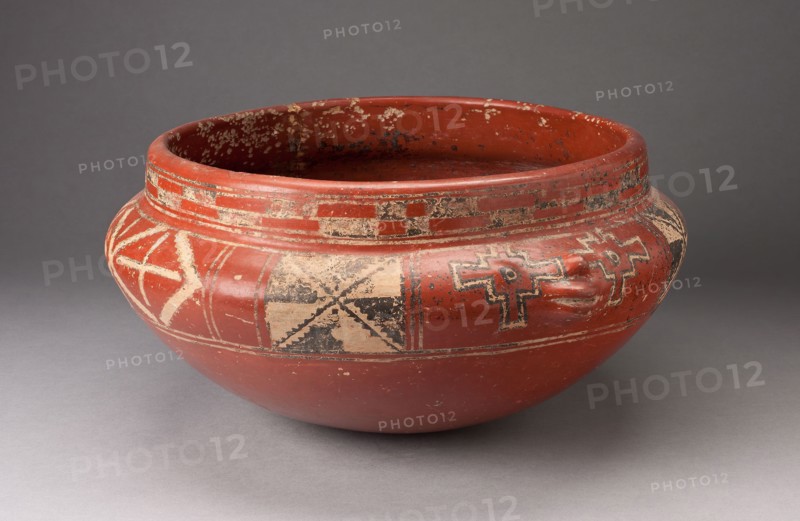 Polychrome Bowl with Geometric Designs and Face in Relief on Shoulder, c. 400 B.C., Chupícuaro, Guanajuato or Michoacán, Mexico, México, Ceramic and pigment, Diam. 33 cm (13 in.)