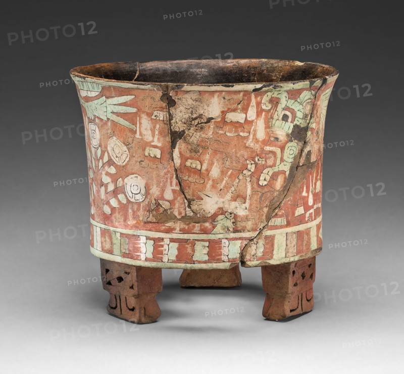 Tripod Vessel with a Blowgunner Scene, A.D. 300/500, Teotihuacan, Teotihuacan, Mexico, México, Ceramic, stucco, and pigment, 8.9 × 15.9 cm (3 1/2 × 6 1/4 in.)