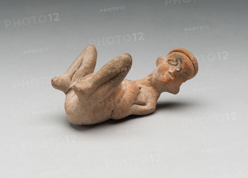 Seated Female Figure Giving Birth, c. A.D. 200, Colima, Colima, Mexico, Colima state, Ceramic and pigment, H. 7.9 cm (3 1/8 in.)