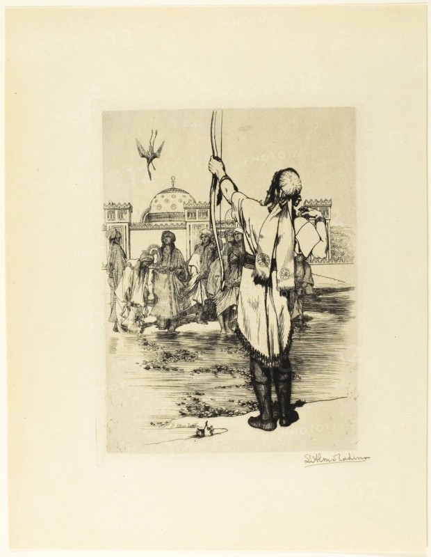 The Bowman, frontispiece from The Epic of Kings, Stories Retold from Firdusi, 1882, Sir Lawrence Alma-Tadema (English, born the Netherlands, 1836-1912), written by Helen Zimmern (1846-1934), published by Thomas Fisher Unwin, London, England, Etching in black on cream wove paper, 187 × 137 mm (image), 197 × 147 mm (plate), 298 × 229 mm (sheet)