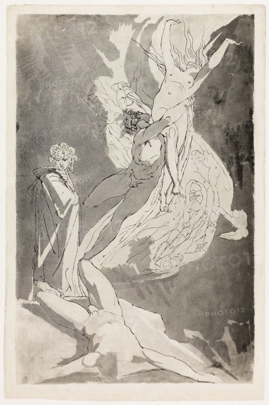 Dante Swoons before the Soaring Souls of Paolo and Francesca, Virgil at his Side, c. 1818, Henry Fuseli, Swiss, active in England, 1741-1825, Switzerland, Etching and aquatint on ivory wove paper, 470 x 302 mm (plate), 500 x 332 mm (sheet)