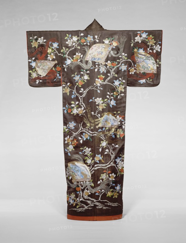 Furisode, late Edo period (1789–1868)/ Meiji period (1868–1912), 19th century, Japan, Silk, 4:1 satin damask weave, rinzu, yuzen dyed, painted, and stenciled, embroidered with silk and gold-leaf-over-lacquered-paper-strip-wrapped cotton in satin and single satin stitches, laid work, couching, and Chinese knots, lined with silk, plain weave, dyed with beni, safflower, 183.7 x 122.7 cm (72 3/8 x 48 3/8 in.)
