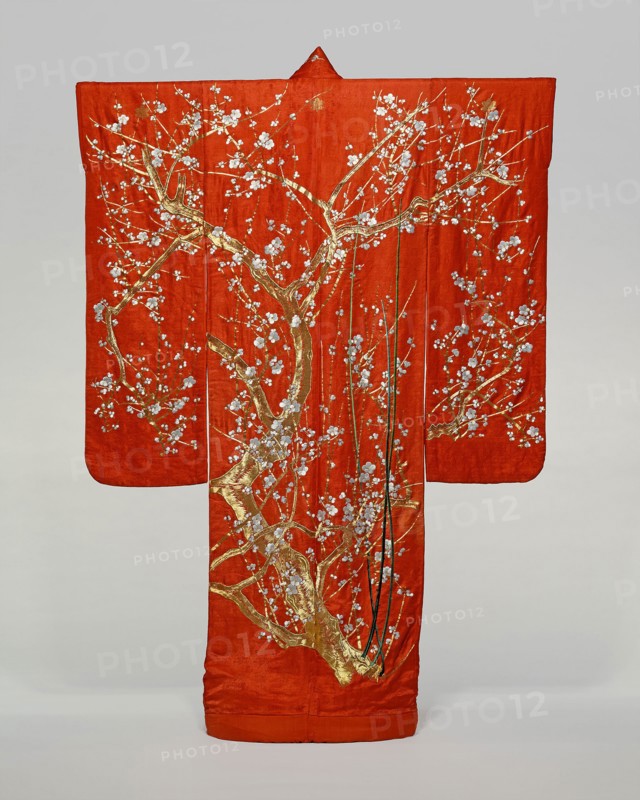 Furisode, late Edo period (1789–1868), 1801/1868, Japan, Silk, 4:1 satin damask weave (rinzu), embroidered with silk and gold-leaf-over-lacquered-paper-strip-wrapped silk in satin stitches, laid work and couching, and padded couching, lined with silk, plain weave, 183.8 × 128.8 cm (72 1/4 × 50 3/4 in.)