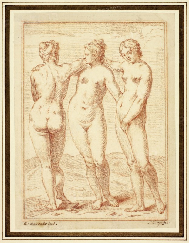 The Three Graces, n.d., Pieter Tanjé (Dutch, 1706-1761), after Agostino Carracci (Italian, 1557-1602), Netherlands, Red chalk on cream laid paper, edge mounted, 169 x 128 mm