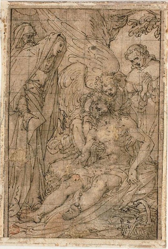 Pietà, n.d., Giovanni Battista Castello, called Il Bergamasco, Italian, c. 1509-1569, Italy, Pen and brown ink with brush and brown wash, on tan laid paper, squared in graphite, laid down on ivory laid paper, 119 x 83 mm