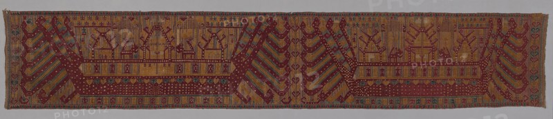Palepai (Ceremonial Hanging), 19th century, Indonesia, South Sumatra, Southeast Lampung, Kalianda district, Indonesia, Cotton, silk, and gilt-paper-strip-wrapped cotton, plain weave with supplementary patterning and brocading wefts, 418.2 x 75.9 cm (164 3/8 x 29 7/8 in.)
