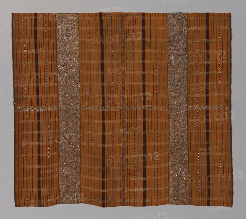 Tapis (Ceremonial or Wedding Skirt), 19th century, Indonesia, Sumatra, Lampung, Indonesia, Cotton, silk and gilt or silvered-paper-strip-wrapped silk, warp-faced, weft-ribbed plain weave with supplementary patterning wefts, embroidered with back, surface satin, stem and trammed loop stitches, mica and mirrors, 126.6 x 143.5 cm (49 7/8 x 56 1/2 in.)