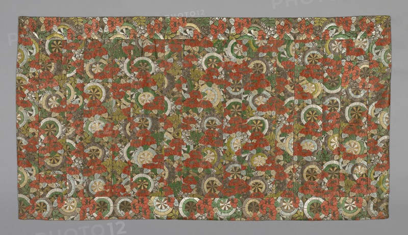 Kesa, late Edo period (1789–1868), early 19th century, Japan, Silk, gold-leaf-over-lacquered-paper strip, warp-float faced 2:1 'Z' twill weave with supplementary brocading wefts some bound in weft-float faced 1:2 'Z' twill interlacings, lined with silk, plain weave, silk cords, 111.7 x 204.8 cm (44 x 80 5/8 in.)