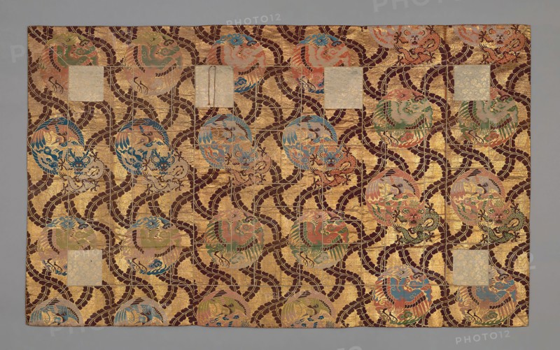 Kesa, Late 19th century, Meiji period (1868–1912), Japan, Silk and gilt-paper strip, twill weave with secondary binding warps and supplementary patterning wefts with couched plied silk, silk cords, 119.2 x 199.5 cm (46 7/8 x 78 1/2 in.)