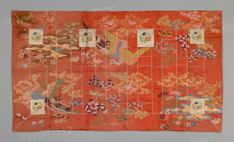 Kesa, Meiji period (1868–1912), late 19th century, Japan, Silk and gold-leaf-over-lacquered-paper strips, warp-float faced 2:1 'Z' twill weave with supplementary brocading wefts bound in twill interlacings, patches: silk and gold-leaf-over-lacquered-paper strips, warp-float faced 2:1 'Z' twill weave with 1:2 'Z' twill interlacings of secondary binding warps and supplementary patterning wefts, cords: silk and cotton, silk wrapped cloth, lined with silk, 116.3 x 200.7 cm (45 4/4 x 79 in.)