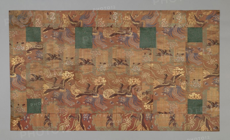 Kesa, Meiji period (1868–1912), late 19th century, Japan, Silk and gold-leaf-over-lacquered-paper strips, warp-float faced 2:1 'Z' twill weave with 1:2 twill interlacings of secondary binding warps and supplementary patterning wefts, patches: silk and gold-leaf-over-lacquered-paper strips, warp-float faced 2:1 'Z' twill weave with 1:2 twill interlacings of secondary binding warps and supplementary patterning wefts, lined with cotton, 115.5 x 201.8 cm (45 8/16 x 79 3/8 in.)