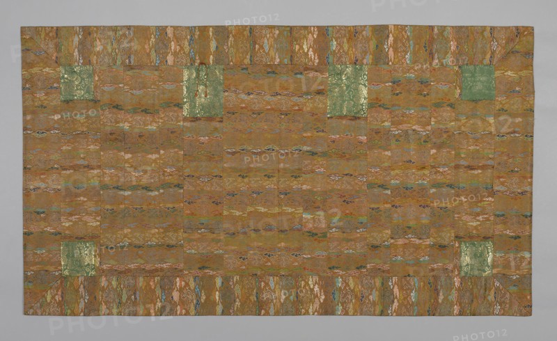 Kesa, late Edo period (1789–1868), early 19th century, Japan, Silk and gold-leaf-over-lacquered-paper strips, warp-float faced 4:1 satin weave, supplementary patterning wefts bound in weft-float faced 1:4 'Z' twill interlacings, patches: silk and gold-leaf-over-lacquered-paper strips, warp-float faced 2:1 'Z' twill weave with weft-float faced 1:2 'Z' twill interlacings of secondary binding warps and supplementary patterning wefts, lined with silk, plain weave, 116 x 205.4 cm (45 11/16 x 80 7/8 in.)