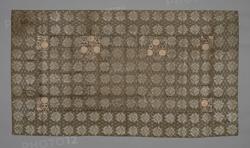Kesa, late Edo period (1789–1868)/ Meiji period (1868–1912), 1850/1900, Japan, Silk and gold-leaf-over-lacquered-paper strip, warp-float faced 4:1 satin weave with supplementary patterning and brocading wefts, patches: silk and gold-leaf-over-lacquered-paper strip, warp-float faced 4:1 satin weave with weft-float faced 1:2 'z' interlacings of secondary binding warps and supplementary patterning wefts, lined with silk, 7:1 satin damask weave, 113.7 x 205.6 cm (44 3/4 x 80 7/8 in.)