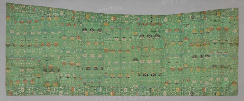 Kesa, late Edo period (1789–1868), early 19th century, Japan, Silk, warp-float faced 4:1 satin weave with weft-float faced 1:3 'S' twill interlacings of secondary binding warps and supplementary patterning wefts, lined with silk, plain weave, 141.3 x 351.4 cm (55 5/8 x 138 3/8 in.)