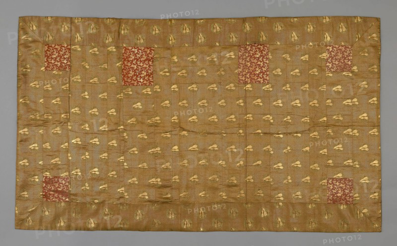 Kesa, late Edo period (1789–1868), mid–19th century, Japan, Silk and gold-leaf-over-lacquered-paper strips, warp-float faced 4:1 satin weave with supplementary patterning wefts bound in weft-float faced 1:2 'Z' twill interlacings, patches: silk and gold-leaf-over-lacquered-paper strips, warp-float faced 2:1 'Z' twill weave with weft-float faced 1:2 'Z' twill interlacings of secondary binding warps and supplementary patterning wefts, lined with silk, 4:1 satin damask weave, 117.2 x 208 cm (46 1/8 x 79 in.)