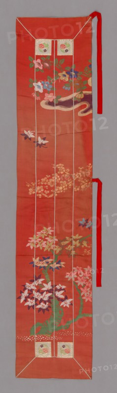 Ôhi (Stole), Meiji period (1868–1912), 1875/1900, Japan, Silk and gold-leaf-over-lacquered-paper strips, warp-float faced 2:1 'Z' twill weave with supplementary brocading wefts bound in 1:2 and 5:1 'S' twill interlacings, patches: silk and gold-leaf-over-lacquered-paper strips, warp-float faced 2:1 'Z' twill weave with 1:2 'Z' twill interlacings of secondary binding warps and supplementary patterning wefts, cords: silk wrapped cotton, lined with silk, 5:1 twill damask weave, 155.4 x 32.6 cm (61 1/8 x 12 7/8 in.)
