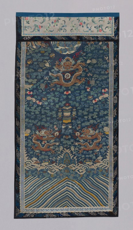 Panel (Furnishing Fabric), Qing dynasty (1644–1911), 1875/1900, Manchu, China, Center: silk and gold-leaf-over-lacquered-paper-strip-wrapped silk, slit tapestry weave (kossu), painted, 162.2 × 83.3 cm (63 7/8 × 32 3/4 in.)