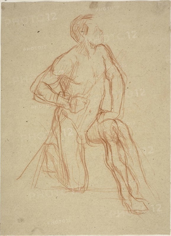 Male Figure Kneeling, c. 1874, Jules-Élie Delaunay, French, 1828-1891, France, Red chalk on buff wove paper, 287 × 210 mm